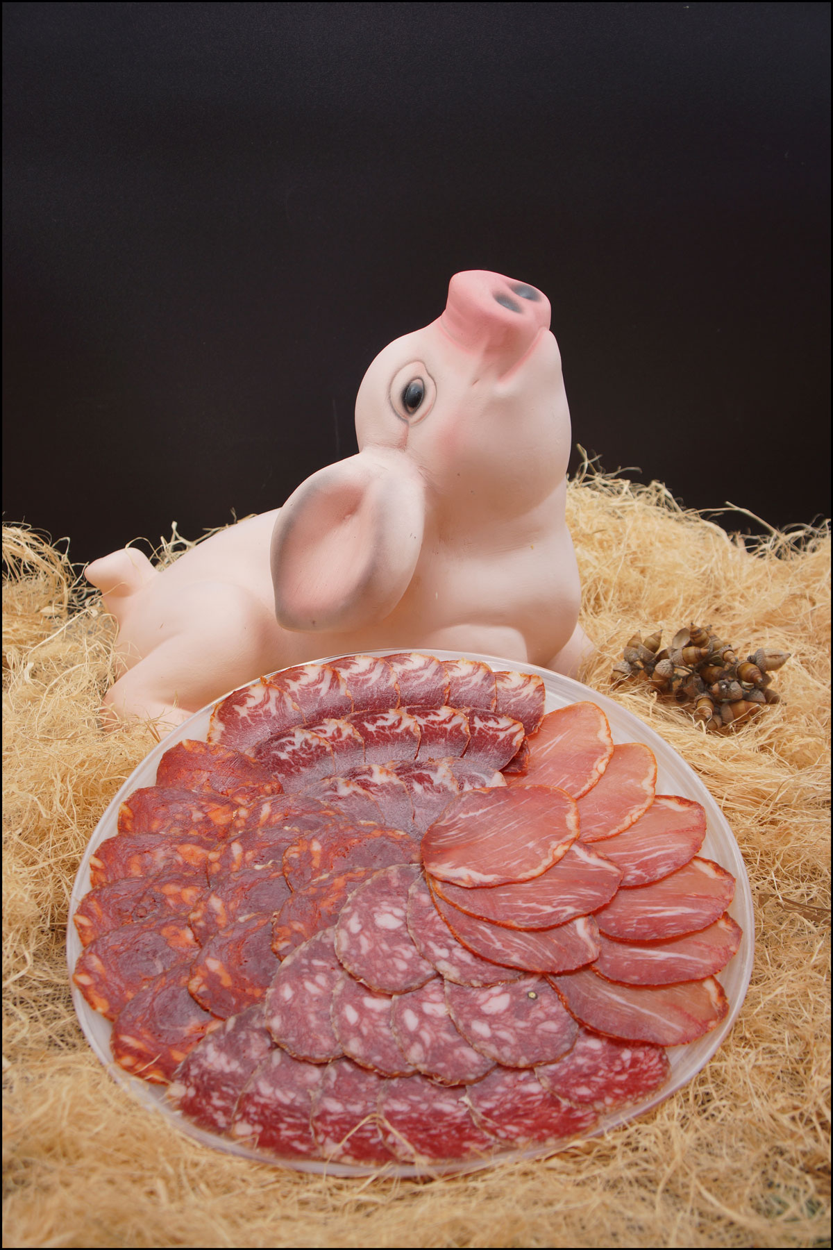 Cerdito con un plato de embutido